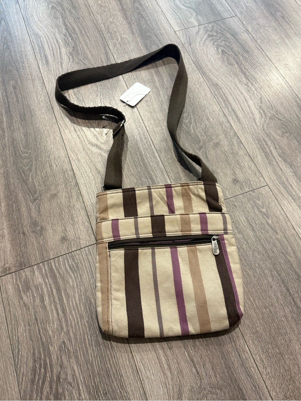 NEW vtg style Thirty One striped canvas bag, festival style, neutral, nature.